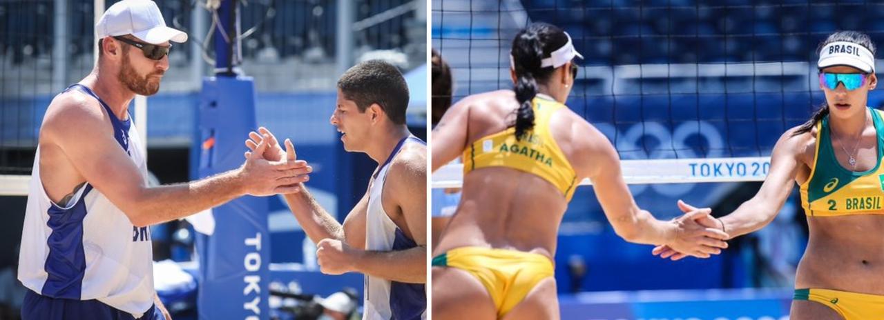 Duplas brasileiras Ágatha/Duda e Alison/Álvaro Filho em ação nas olimpíadas