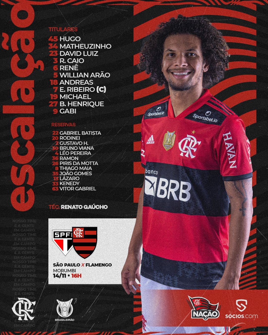 Flamengo escalado para pegar o São Paulo pelo Campeonato Brasileiro