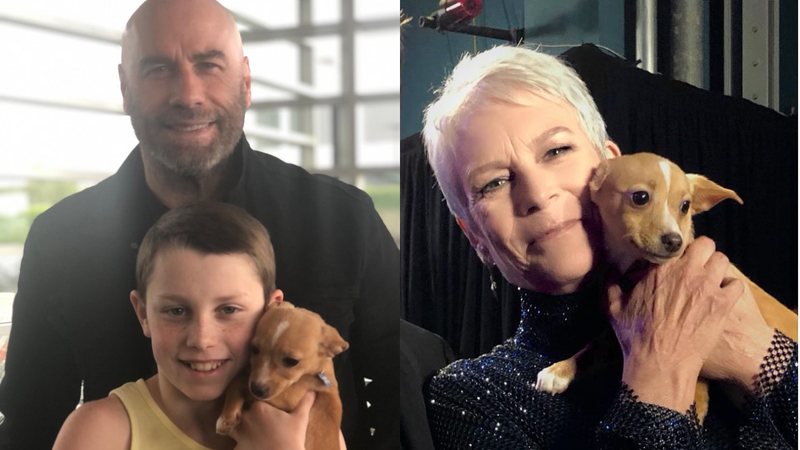 John Travolta ao lado do filho e Jamie Lee Curtis