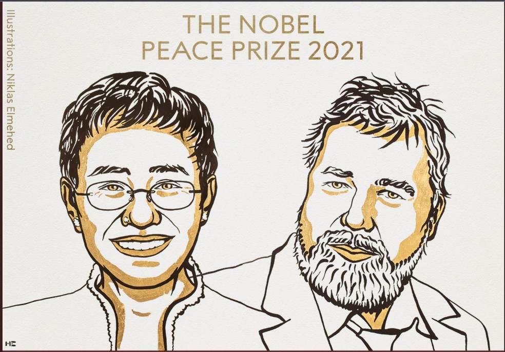 Ilustração mostra Maria Ressa e Dmitry Muratov, vencedores do Nobel da Paz de 2021