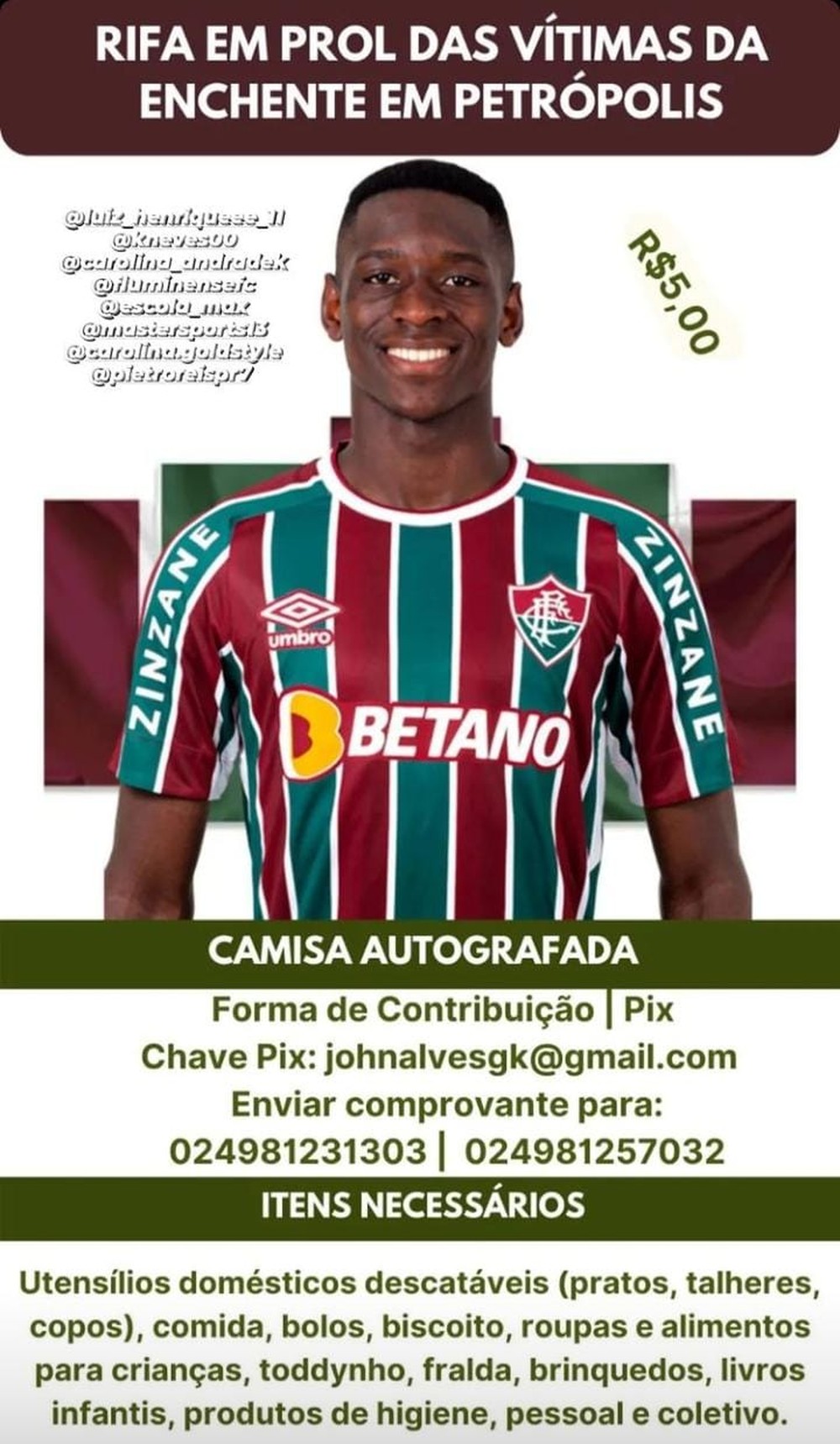 Jogador Luiz hnrique e as regras para participar de sorteio de rifa de uma camisa tricolor